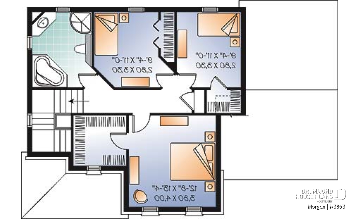 2nd level - 3 bedroom European house plan with sunken living room, fireplace and garage - Morgan