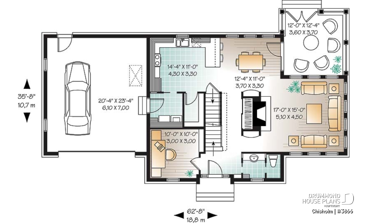 1st level - Three-level family house plan with open-concept layout, home office, bonus room, and unfinished basement - Chisholm