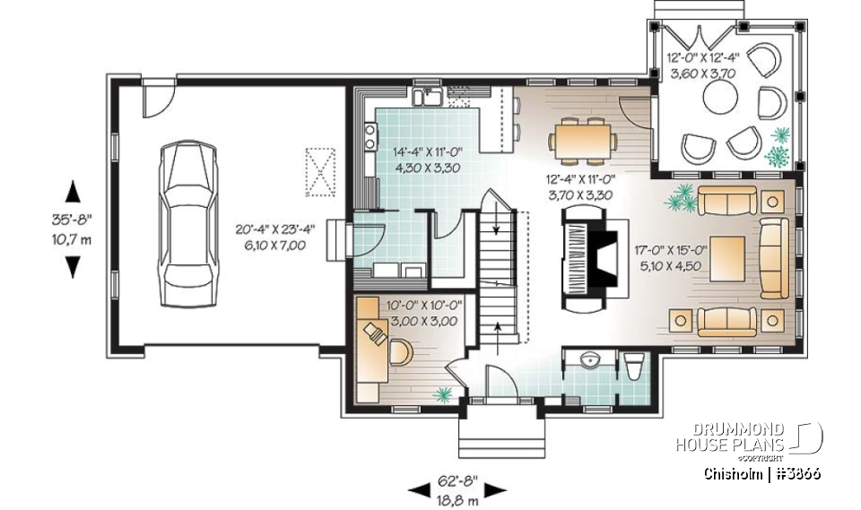 1st level - Three-level family house plan with open-concept layout, home office, bonus room, and unfinished basement - Chisholm