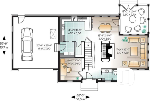 1st level - Three-level family house plan with open-concept layout, home office, bonus room, and unfinished basement - Chisholm
