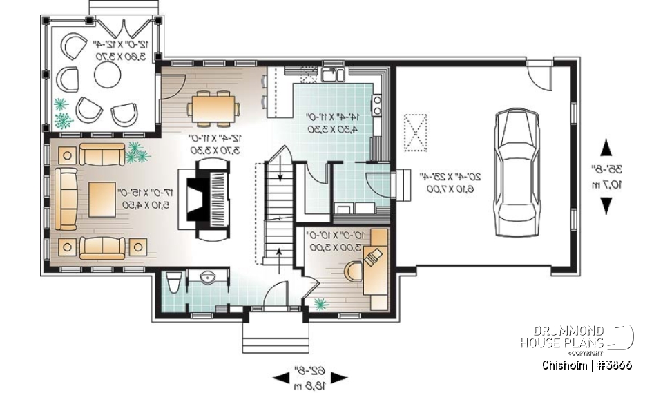 1st level - Three-level family house plan with open-concept layout, home office, bonus room, and unfinished basement - Chisholm