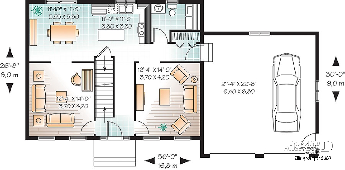 1st level - 4 bedroom Cape Cod style house plan, simple construction, 2-car garage with bonus storage space - Ellington