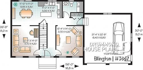1st level - 4 bedroom Cape Cod style house plan, simple construction, 2-car garage with bonus storage space - Ellington
