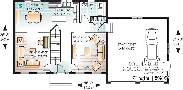 1st level - 4 bedroom Cape Cod style house plan, simple construction, 2-car garage with bonus storage space - Ellington
