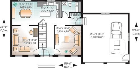 1st level - 4 bedroom Cape Cod style house plan, simple construction, 2-car garage with bonus storage space - Ellington