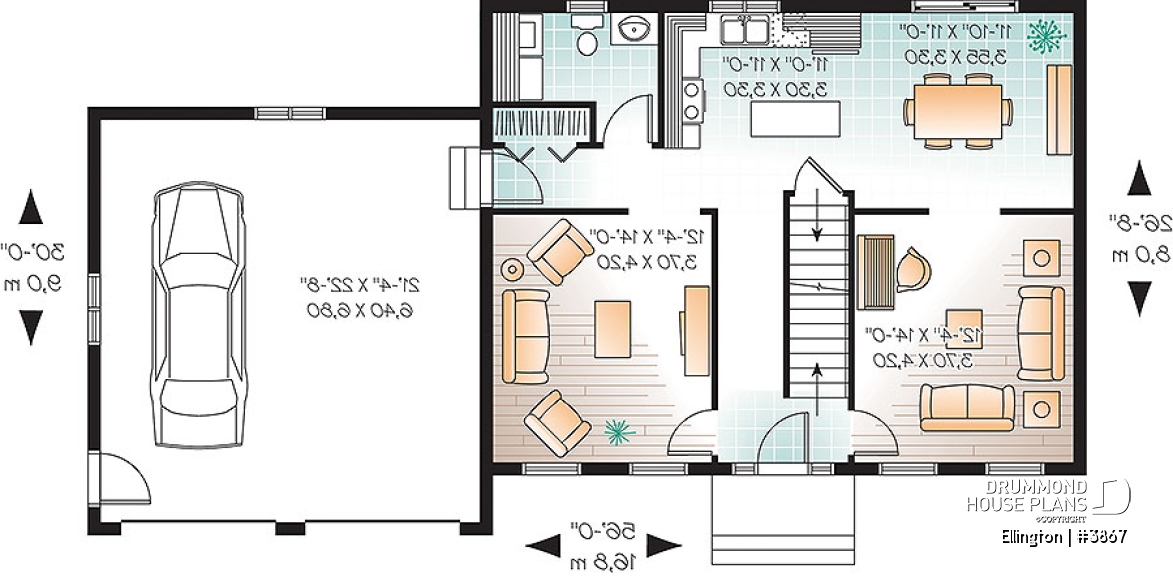 1st level - 4 bedroom Cape Cod style house plan, simple construction, 2-car garage with bonus storage space - Ellington