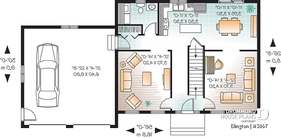 1st level - 4 bedroom Cape Cod style house plan, simple construction, 2-car garage with bonus storage space - Ellington