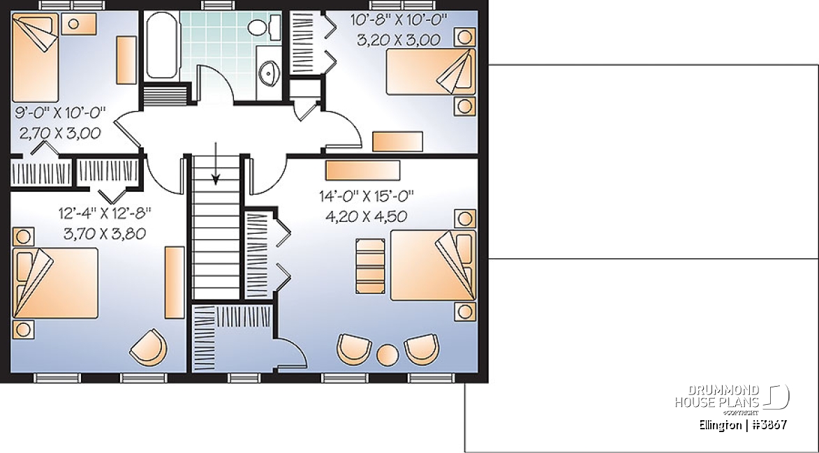 2nd level - 4 bedroom Cape Cod style house plan, simple construction, 2-car garage with bonus storage space - Ellington