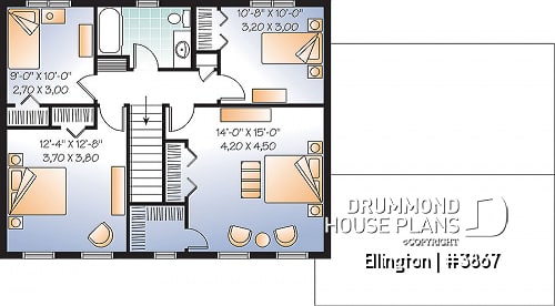 2nd level - 4 bedroom Cape Cod style house plan, simple construction, 2-car garage with bonus storage space - Ellington