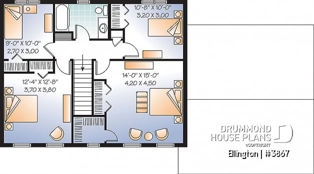 2nd level - 4 bedroom Cape Cod style house plan, simple construction, 2-car garage with bonus storage space - Ellington