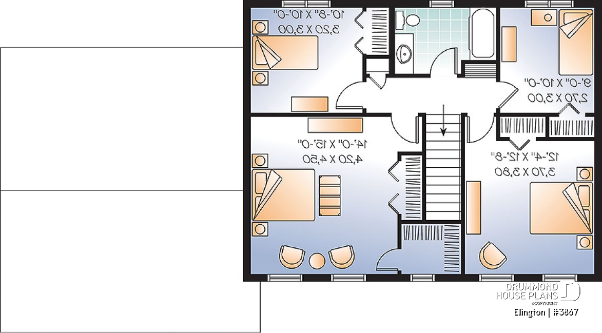 2nd level - 4 bedroom Cape Cod style house plan, simple construction, 2-car garage with bonus storage space - Ellington