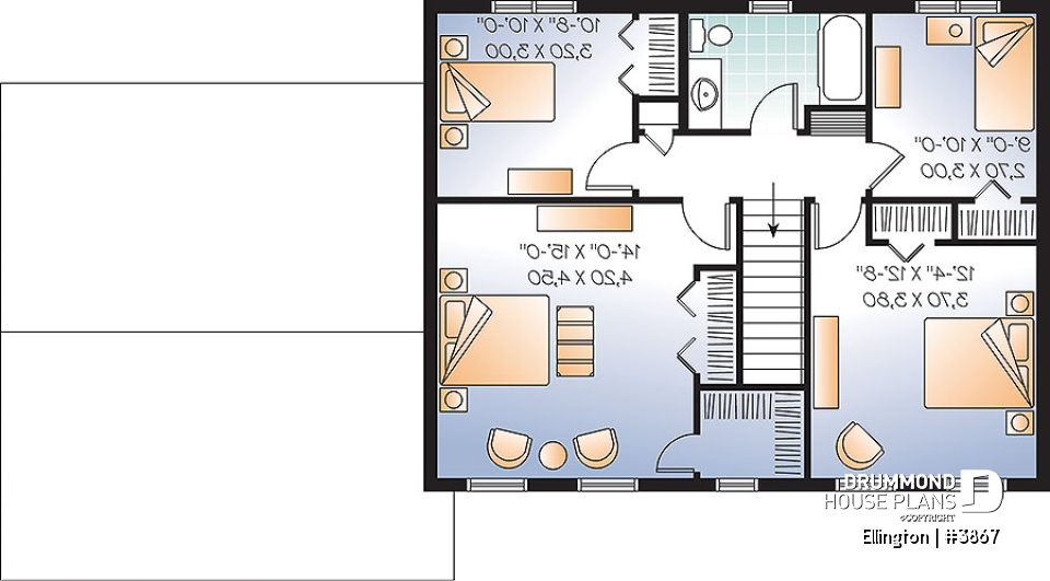 2nd level - 4 bedroom Cape Cod style house plan, simple construction, 2-car garage with bonus storage space - Ellington