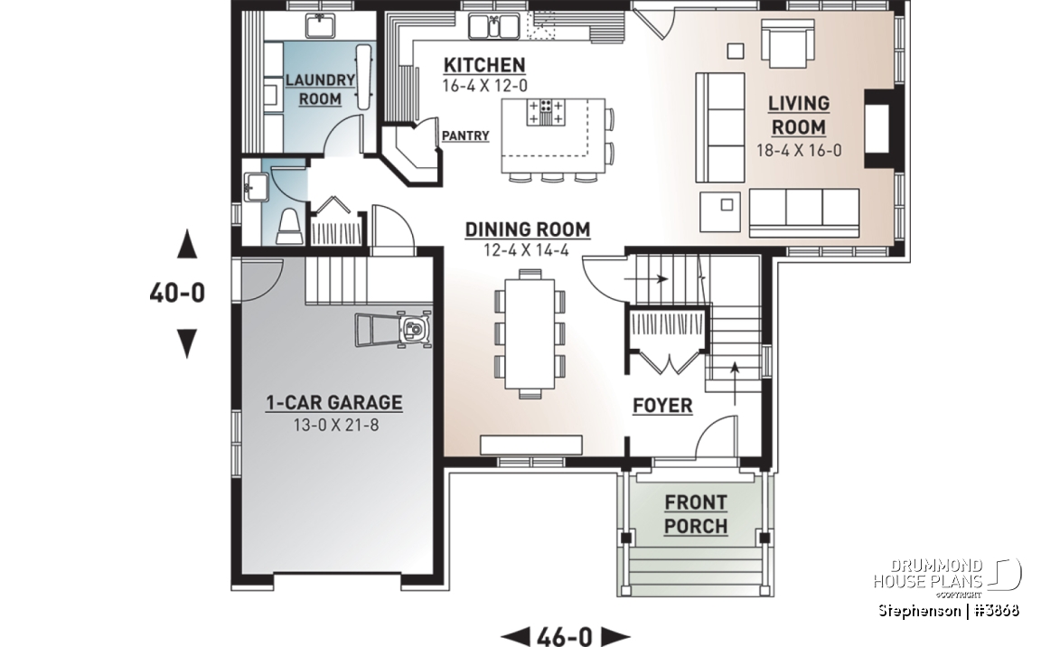 1st level - 4 bedroom, 3 bathroom Cap Cod house plan, large kitchen with island, formal dining, living room, fireplace - Stephenson
