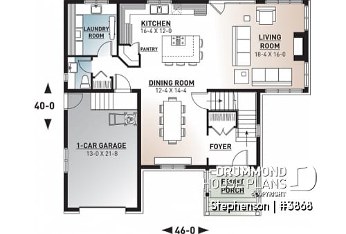 1st level - 4 bedroom, 3 bathroom Cap Cod house plan, large kitchen with island, formal dining, living room, fireplace - Stephenson