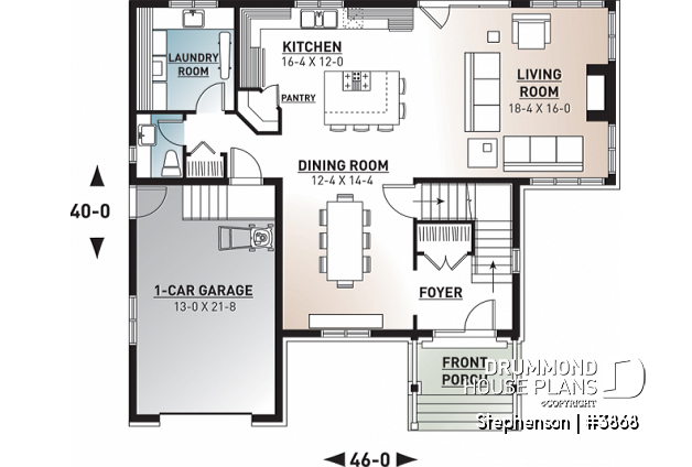 1st level - 4 bedroom, 3 bathroom Cap Cod house plan, large kitchen with island, formal dining, living room, fireplace - Stephenson