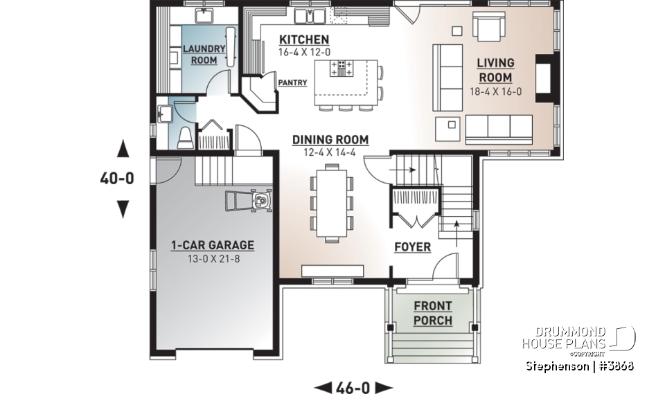 1st level - 4 bedroom, 3 bathroom Cap Cod house plan, large kitchen with island, formal dining, living room, fireplace - Stephenson