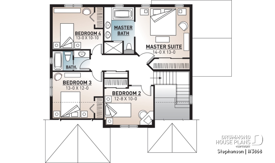2nd level - 4 bedroom, 3 bathroom Cap Cod house plan, large kitchen with island, formal dining, living room, fireplace - Stephenson