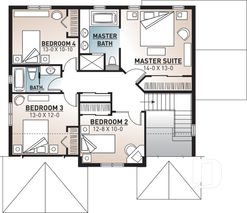 2nd level - 4 bedroom, 3 bathroom Cap Cod house plan, large kitchen with island, formal dining, living room, fireplace - Stephenson