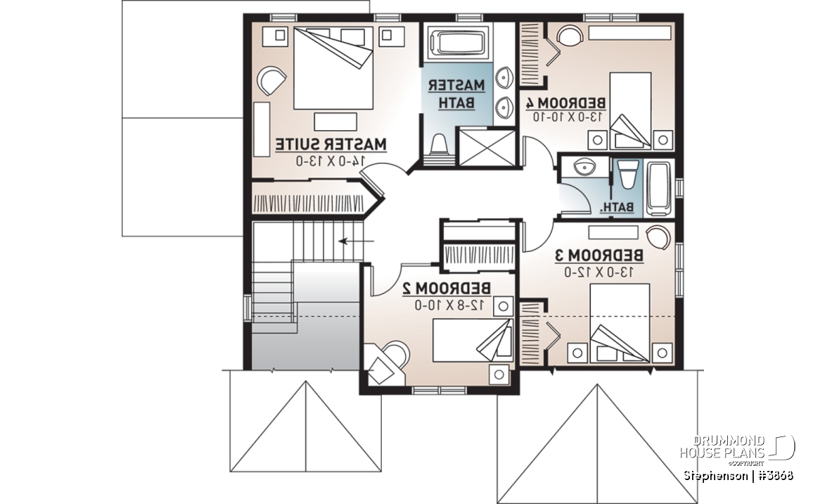 2nd level - 4 bedroom, 3 bathroom Cap Cod house plan, large kitchen with island, formal dining, living room, fireplace - Stephenson
