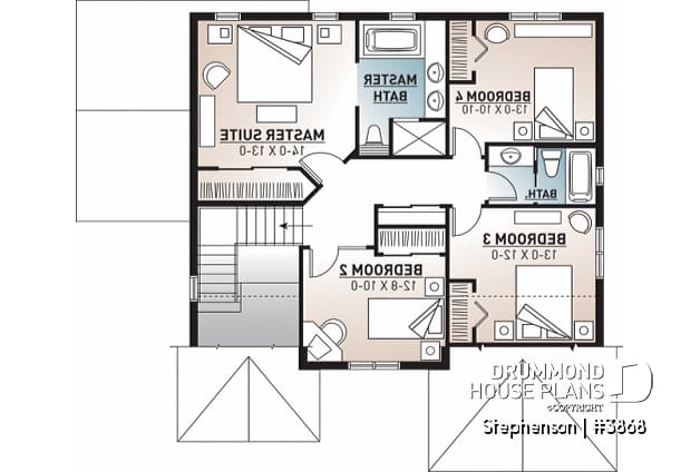 2nd level - 4 bedroom, 3 bathroom Cap Cod house plan, large kitchen with island, formal dining, living room, fireplace - Stephenson