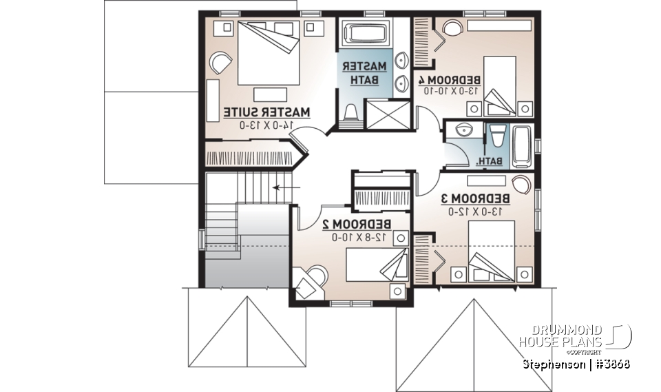 2nd level - 4 bedroom, 3 bathroom Cap Cod house plan, large kitchen with island, formal dining, living room, fireplace - Stephenson