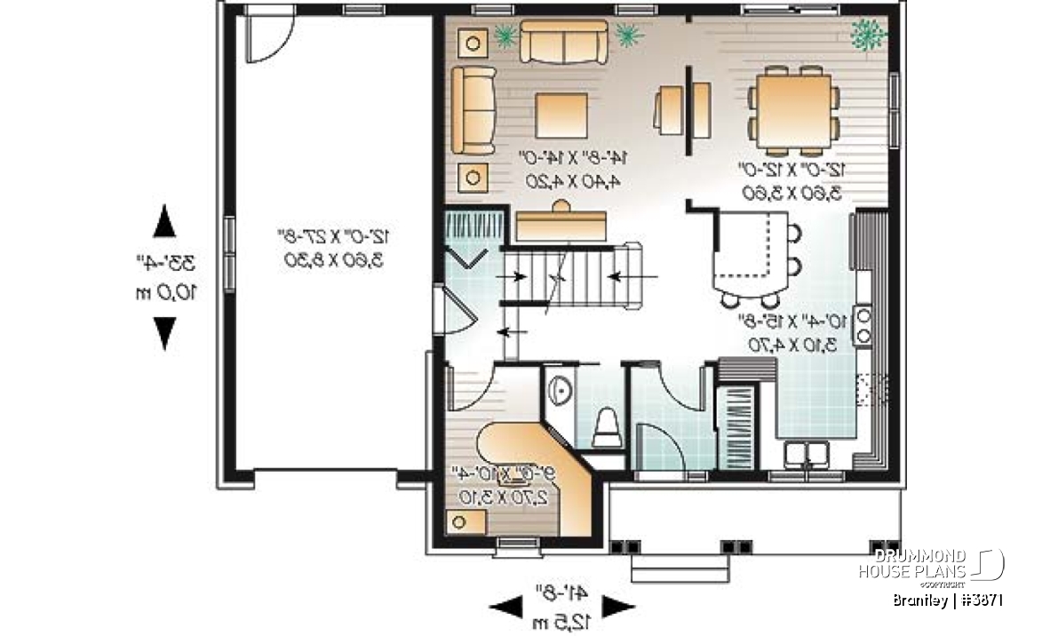 1st level - English style house plan, adjoining secondary bedrooms, large kitchen island, unfinished full basement - Brantley