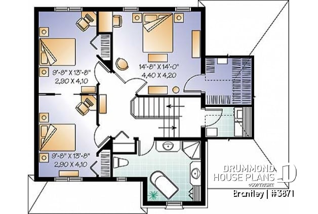 2nd level - English style house plan, adjoining secondary bedrooms, large kitchen island - Brantley