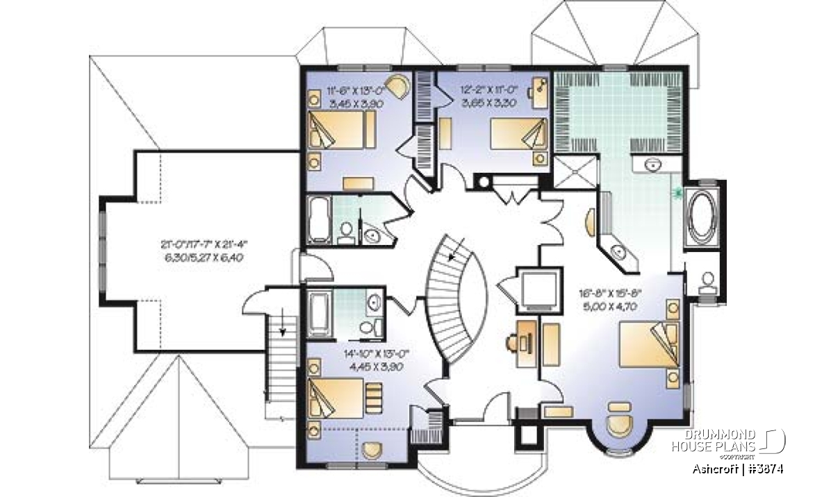 2nd level - Superb 4 bedroom European house plan with home elevator, master suite, large bonus room and a triple garage - Ashcroft