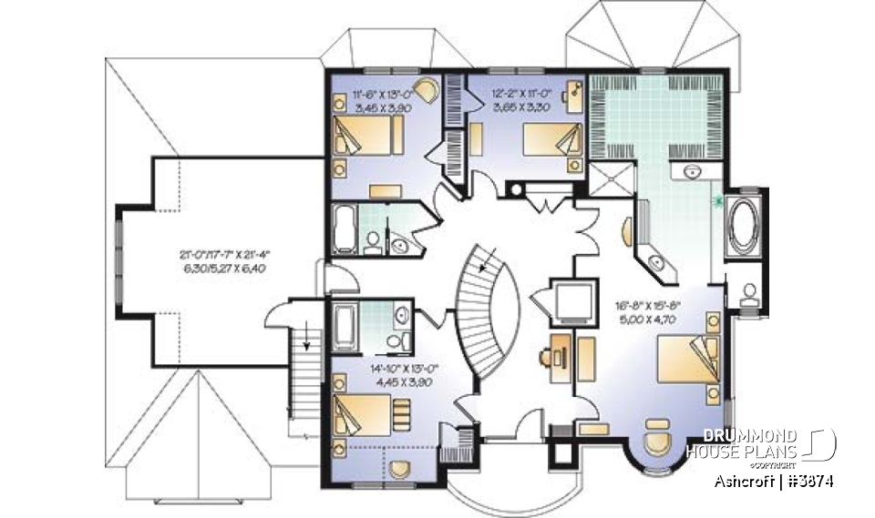 2nd level - Superb 4 bedroom European house plan with home elevator, master suite, large bonus room and a triple garage - Ashcroft