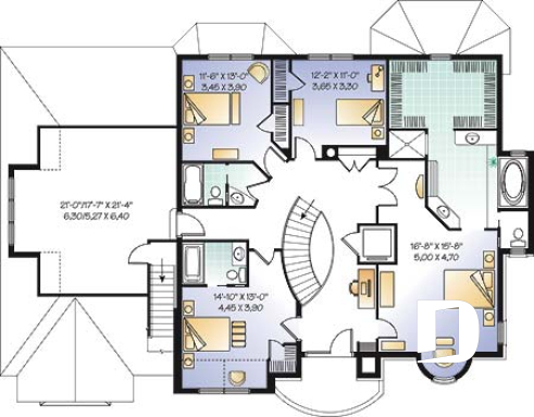 2nd level - Superb 4 bedroom European house plan with home elevator, master suite, large bonus room and a triple garage - Ashcroft