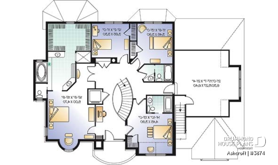 2nd level - Superb 4 bedroom European house plan with home elevator, master suite, large bonus room and a triple garage - Ashcroft