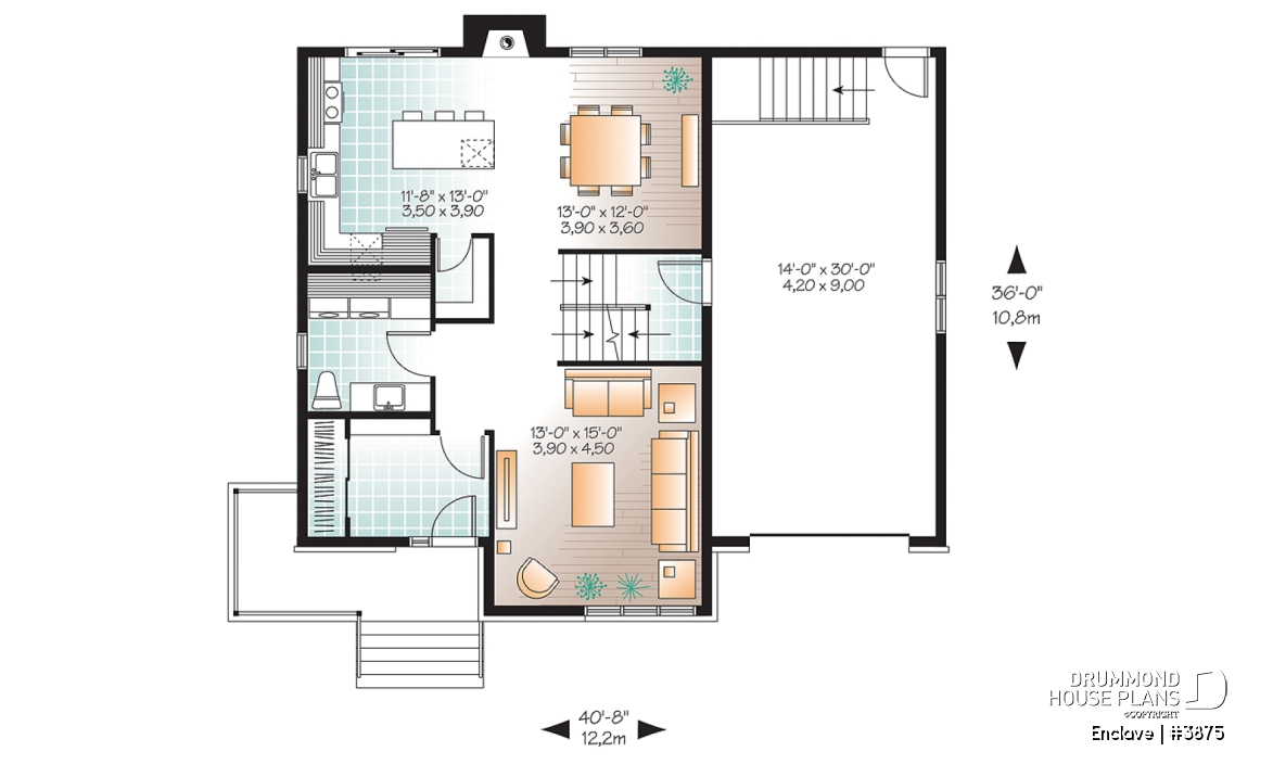 1st level - Affordable2 story modern house plan with garage, master suite, 3 beds, 2.5 baths, fireplace in kitchen - Enclave