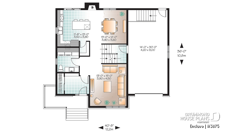 1st level - Affordable2 story modern house plan with garage, master suite, 3 beds, 2.5 baths, fireplace in kitchen - Enclave