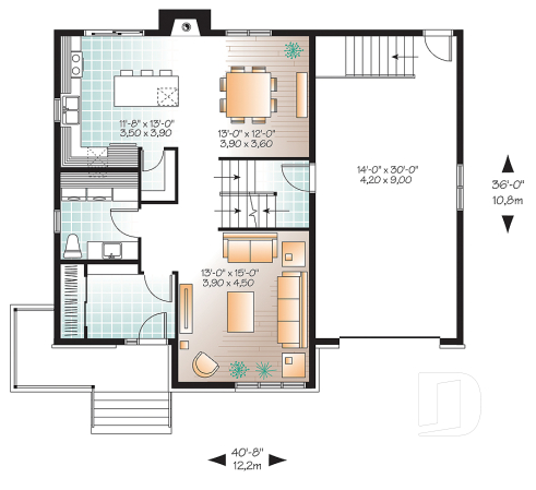 1st level - Affordable2 story modern house plan with garage, master suite, 3 beds, 2.5 baths, fireplace in kitchen - Enclave