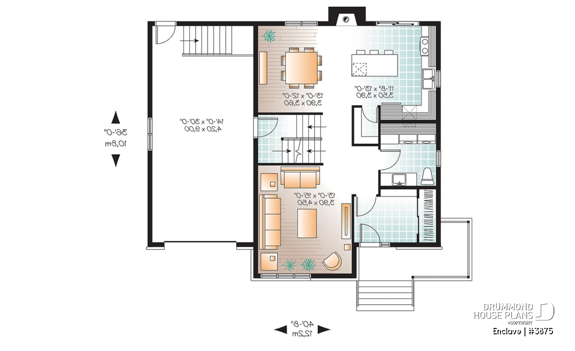 1st level - Affordable2 story modern house plan with garage, master suite, 3 beds, 2.5 baths, fireplace in kitchen - Enclave