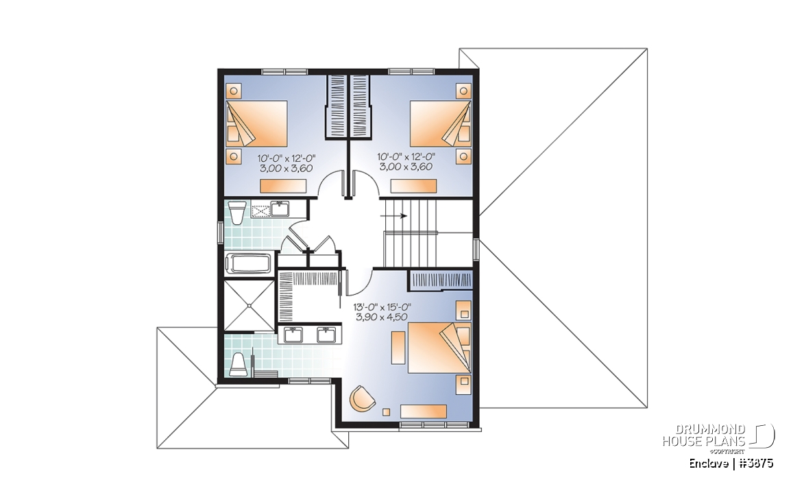 2nd level - Affordable2 story modern house plan with garage, master suite, 3 beds, 2.5 baths, fireplace in kitchen - Enclave