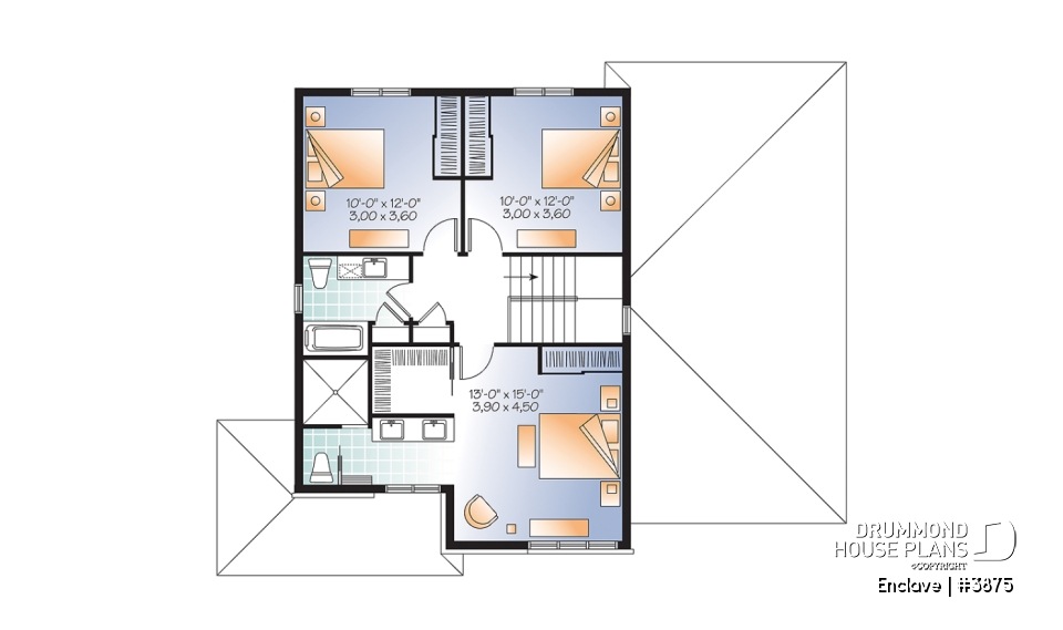 2nd level - Affordable2 story modern house plan with garage, master suite, 3 beds, 2.5 baths, fireplace in kitchen - Enclave