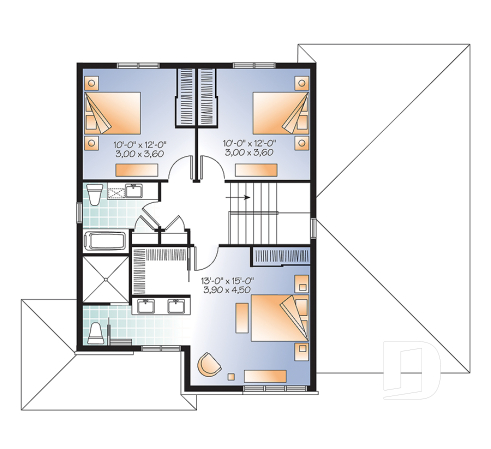 2nd level - Affordable2 story modern house plan with garage, master suite, 3 beds, 2.5 baths, fireplace in kitchen - Enclave