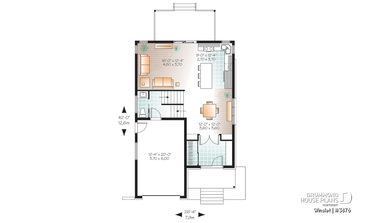 1st level - Modern narrow lot house plan with garage, large kitchen, 3 bedrooms, master with ensuite, covered terrace - Winslet