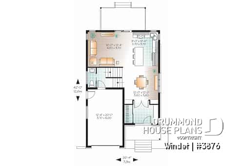 1st level - Modern narrow lot house plan with garage, large kitchen, 3 bedrooms, master with ensuite, covered terrace - Winslet