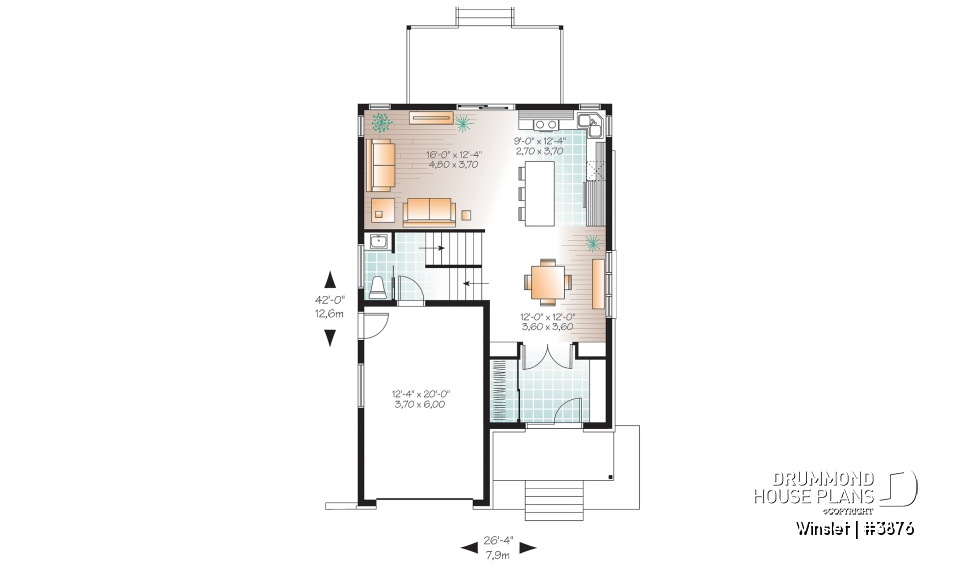 1st level - Modern narrow lot house plan with garage, large kitchen, 3 bedrooms, master with ensuite, covered terrace - Winslet