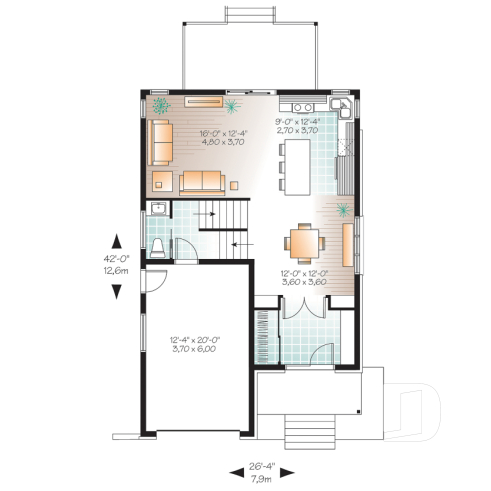 1st level - Modern narrow lot house plan with garage, large kitchen, 3 bedrooms, master with ensuite, covered terrace - Winslet