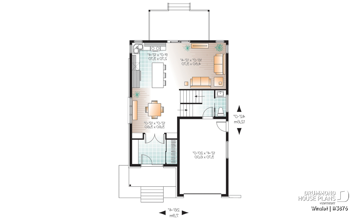 1st level - Modern narrow lot house plan with garage, large kitchen, 3 bedrooms, master with ensuite, covered terrace - Winslet