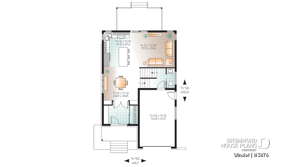 1st level - Modern narrow lot house plan with garage, large kitchen, 3 bedrooms, master with ensuite, covered terrace - Winslet