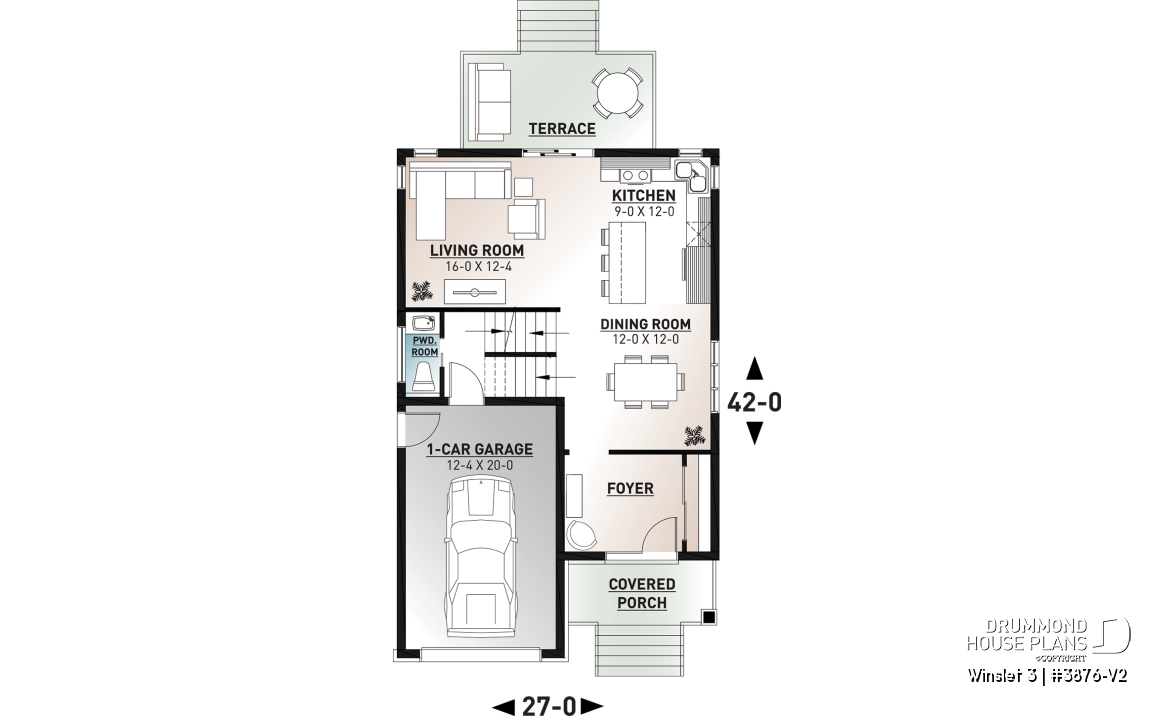 1st level - Modern 2 storey-home plan for narrow-lot, with garage, 3 bedrooms, open layout, laundry room on second floor - Winslet 3