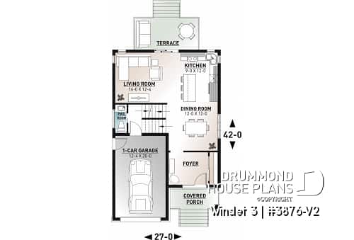 1st level - Modern 2 storey-home plan for narrow-lot, with garage, 3 bedrooms, open layout, laundry room on second floor - Winslet 3