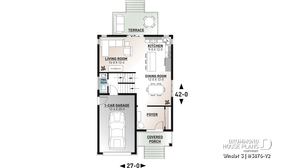 1st level - Modern 2 storey-home plan for narrow-lot, with garage, 3 bedrooms, open layout, laundry room on second floor - Winslet 3