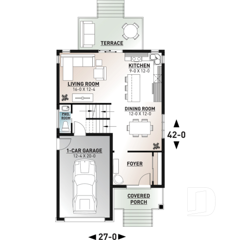 1st level - Modern 2 storey-home plan for narrow-lot, with garage, 3 bedrooms, open layout, laundry room on second floor - Winslet 3