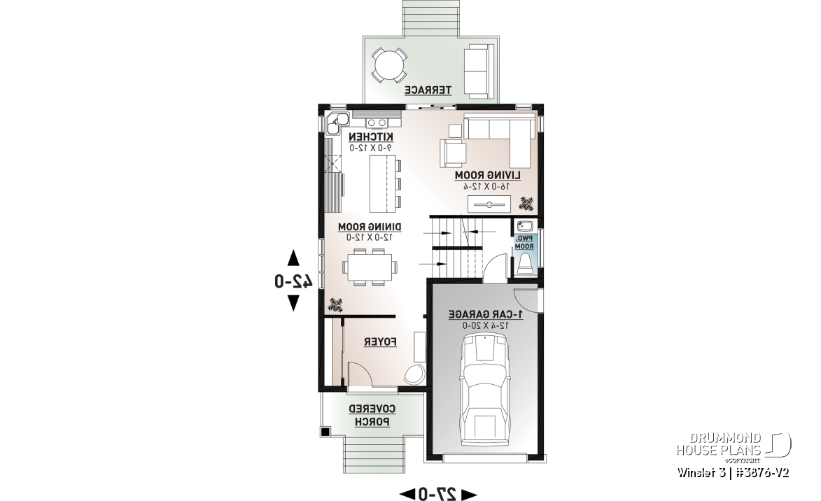 1st level - Modern 2 storey-home plan for narrow-lot, with garage, 3 bedrooms, open layout, laundry room on second floor - Winslet 3