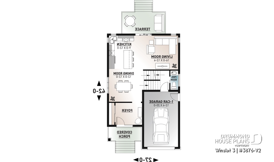 1st level - Modern 2 storey-home plan for narrow-lot, with garage, 3 bedrooms, open layout, laundry room on second floor - Winslet 3